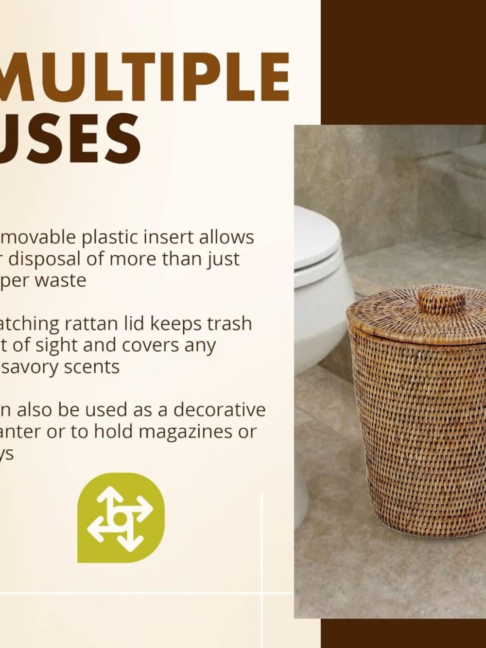 La Jolla Rattan Round Waste Basket With Lid & Plastic Insert, 2 Gallon Woven Was - Picture 7 of 9